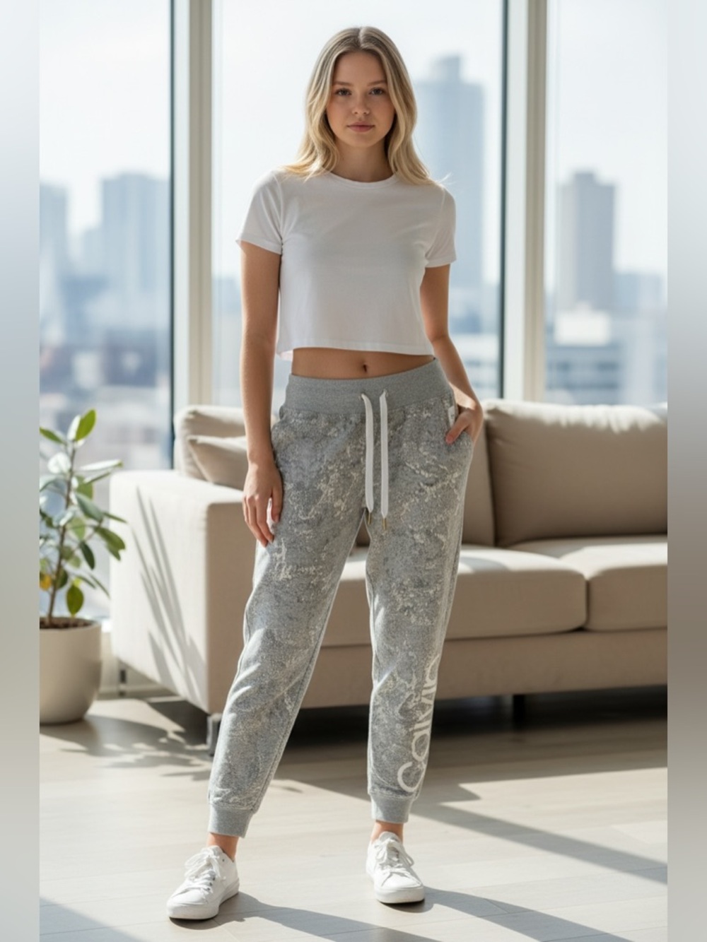 Calvin Klein Light Gray snake print Jogger Pants with Drawstring